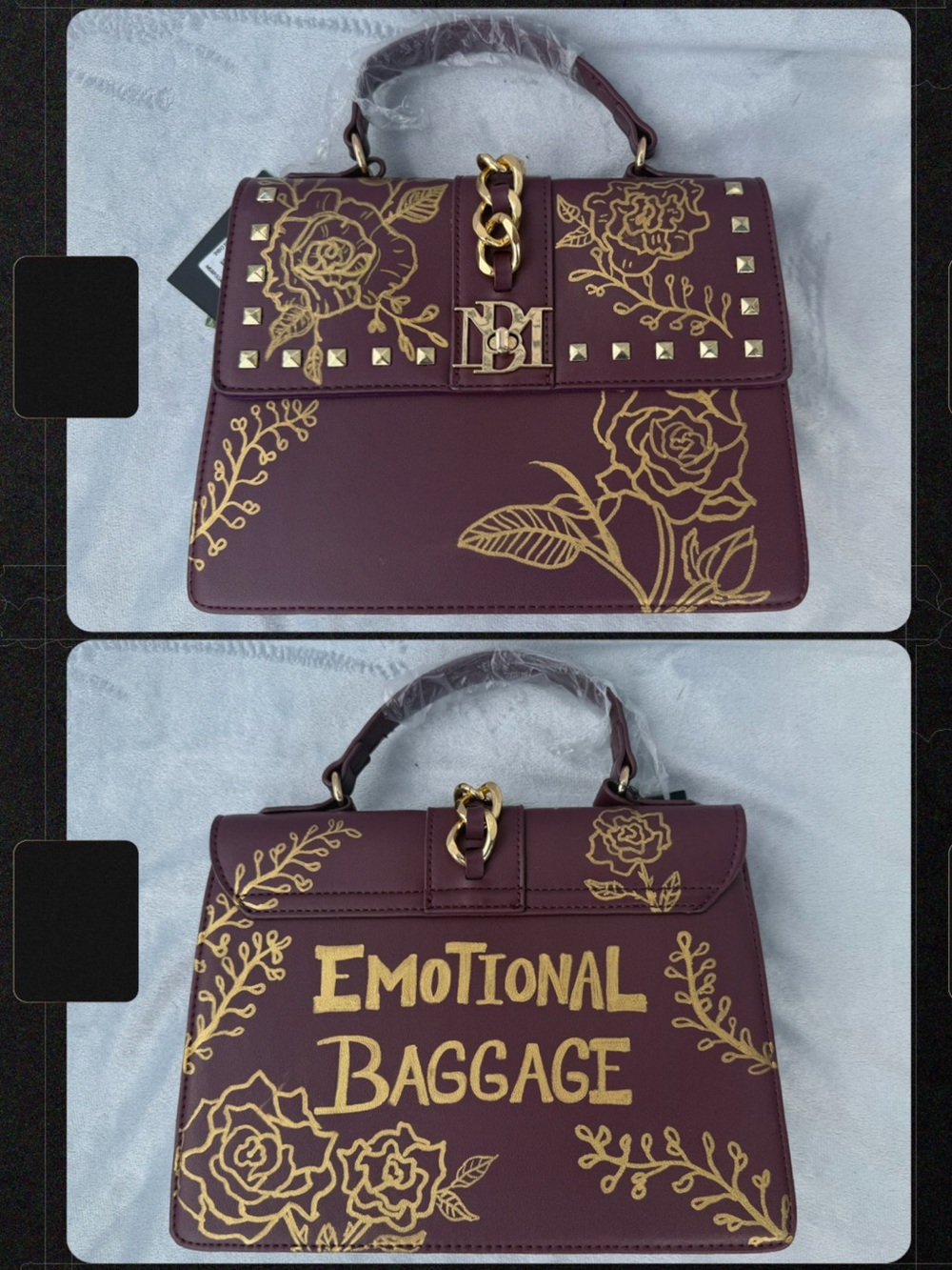 Hand painted - Emotional Baggage Floral Top-Handle Bag - with crossbody Burgundy